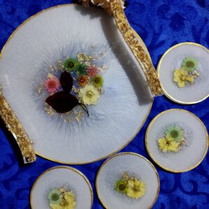 White Round Floral Tray Set