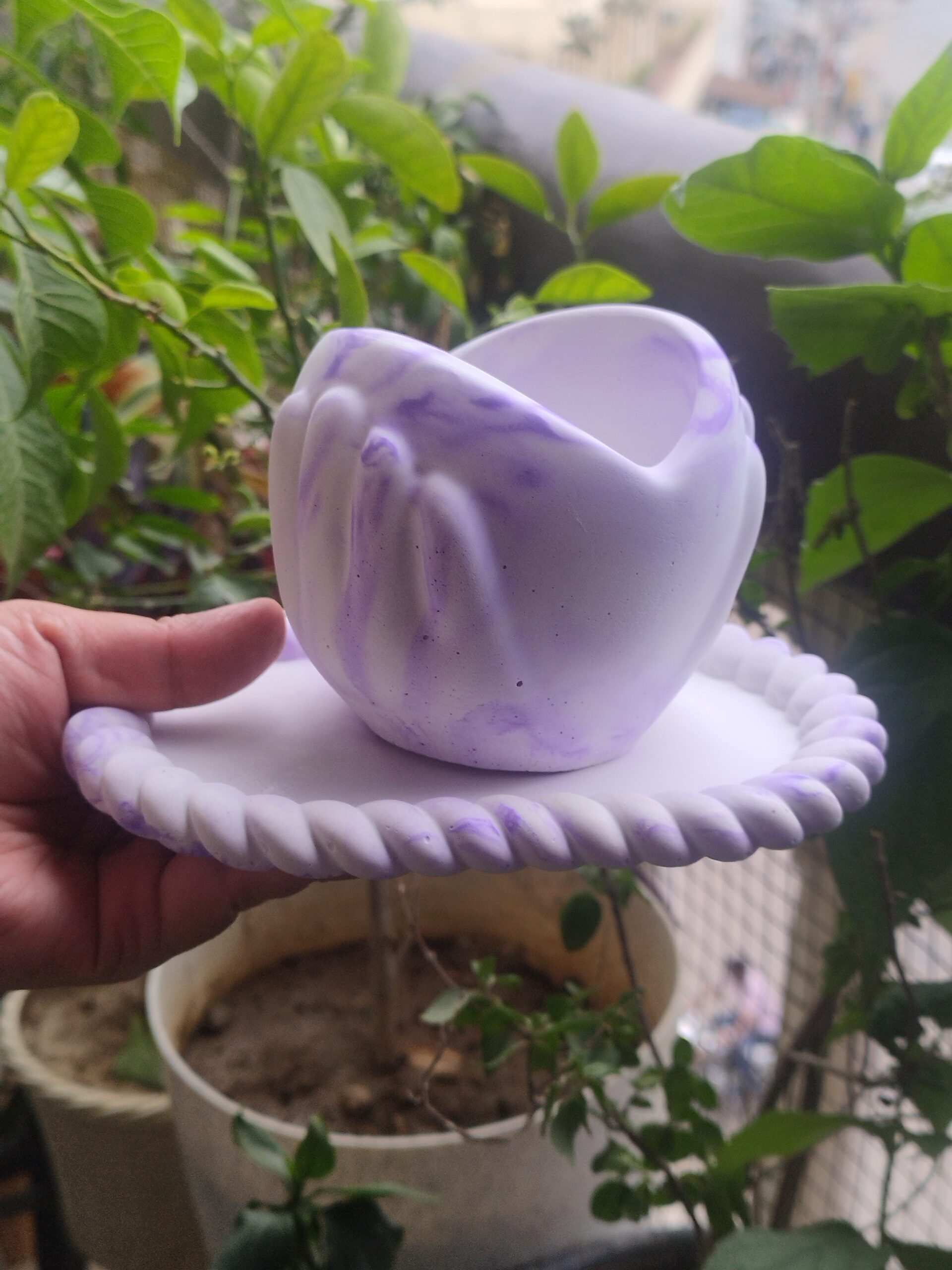 Marble Bloom Concrete Planter & Trinket Tray Set - Image 2